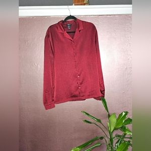 Men's Faux Satin Wine Button Down Dress Shirt (M)